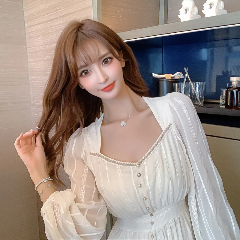 

#3955 Spring Summer White Vintage Dress Women Long Sleeved A-line Dress Sexy V Neck Chic Vestido Casual High Waisted Women Dress