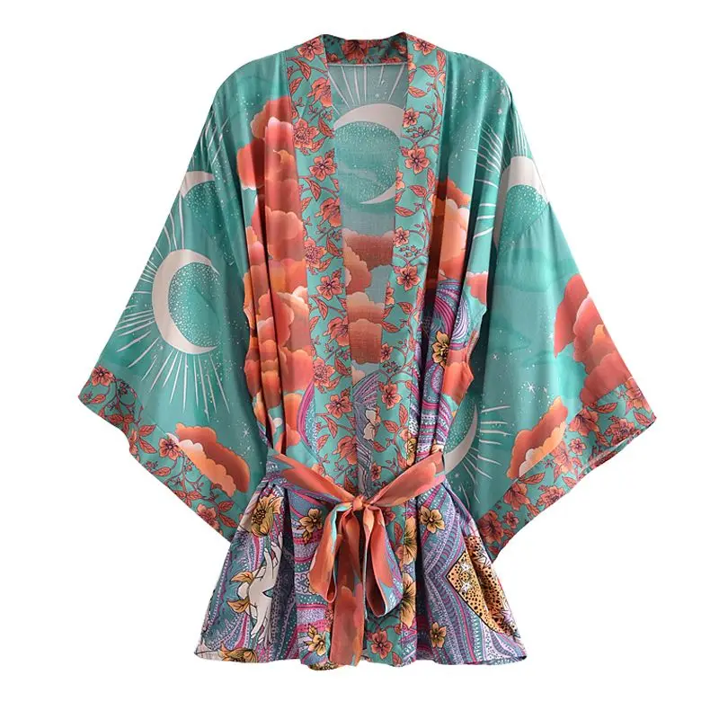 

European and American women's national style retro rayon positioning printing belt kimono beach holiday coat