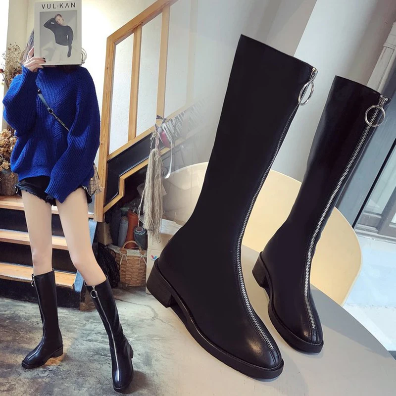 

Female Spring Autumn Fashion Women Boots Women's Mid-tube Long Zipper Fashion Boots Black Comfortable Flat Boots