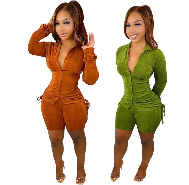 

WUHE Two Piece Set Button Up Bandage Shirt Tops Biker Shorts Tracksuit Women Spring Sexy Club Wear Outfits Matching Sets