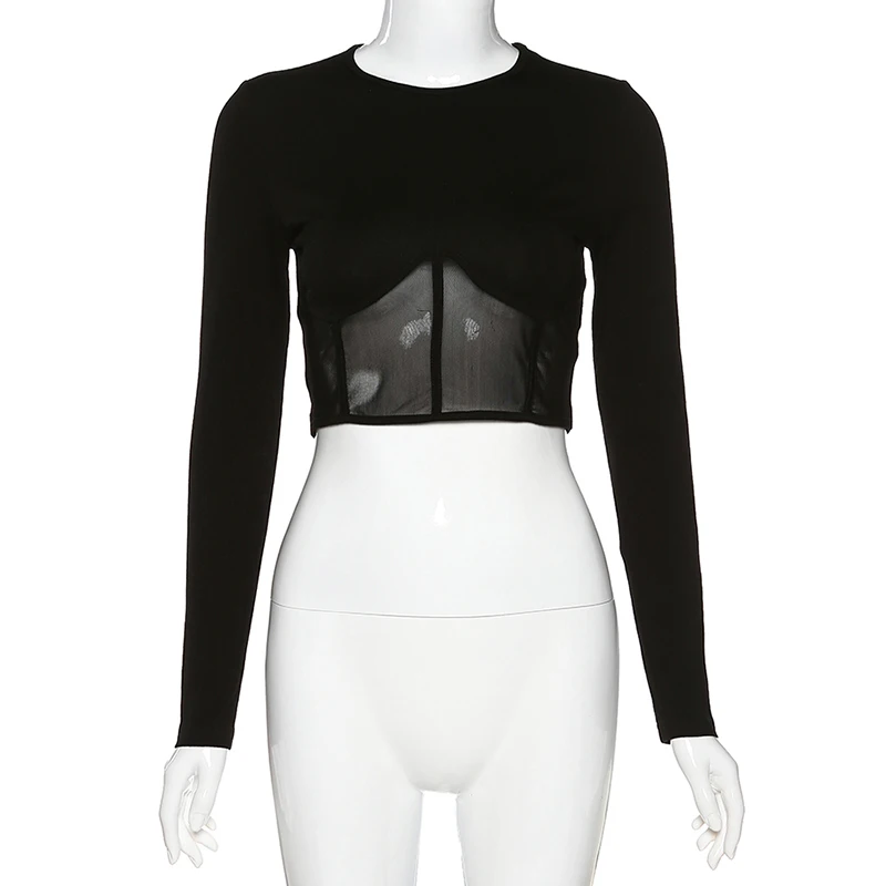 Женский топ с длинным рукавом Goth черный o-образным вырезом и сеточкой | Женская