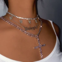 iced out butterfly cross pendant chunky cuban link chain necklace jewelry crystal rhinestone multilayered cuban choker 2021 new