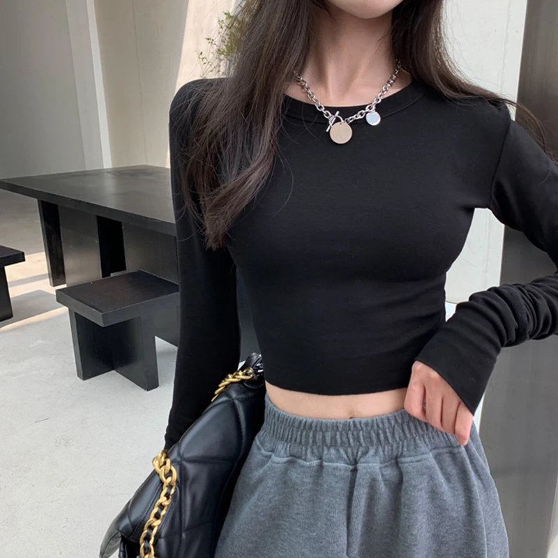 

Женские топы 2021, Сексуальная футболка с длинным рукавом, укороченные футболки, повседневная модная простая футболка, Женский весенне-осенний однотонный пуловер, одежда