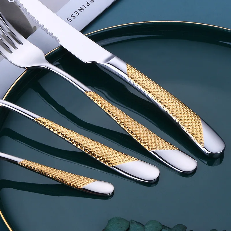 

Covered Golden Silverware Stainless Cutlery Steel Dining Table Set of Tableware Dinnerware Flatware Gold Spoon Knife Kitchen
