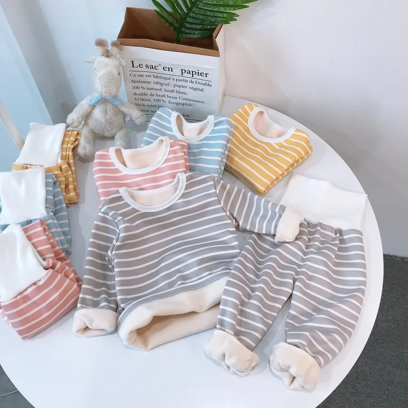 

Baby Girl Pajamas Bebe Boy Clothes Set Kids Pajama Suit 2021 Winter New Striped Home Wear High Waist Soft Warmth And Thickening