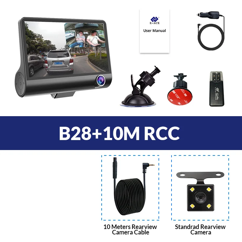 E-ACE Dashcam B28 DVR 4,0 дюймов Автомобильная камера 1080P Авто рекордер FHD видеорегистратор ночного видения автомобильные видеорегистраторы 3 объектива камеры видео регистратор - Название цвета: B28-10M RCC