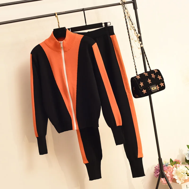 

Женский трикотажный костюм из двух предметов, повседневный вязаный спортивный костюм с широкими штанинами в западном стиле для осени и зим...