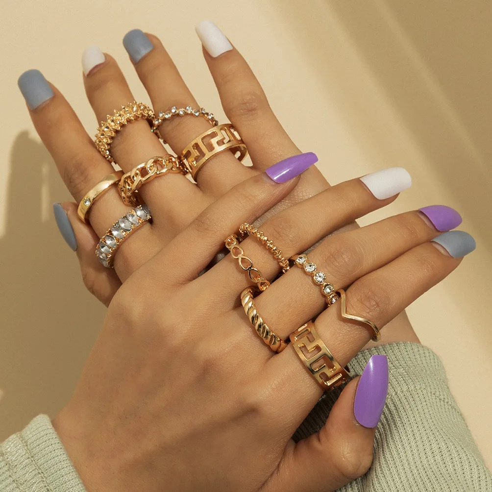 

12PCS Gold Silver Color Round Hollow Geometric Rings Set for Women Fashion Cross Twist Crystal Joint Ring Female Jewelry