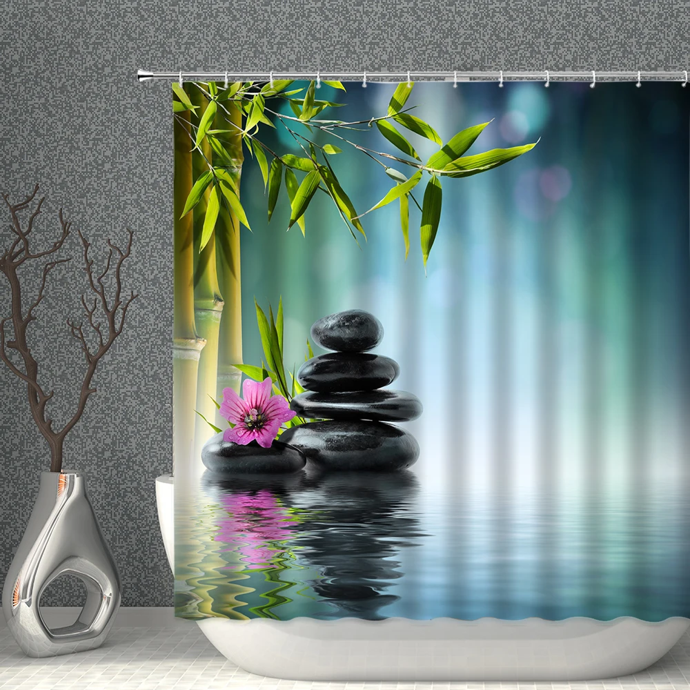 

Zen Shower Curtain Bathroom Decoration Bamboo Running Water Green Bamboo Buddha Shower Curtain Waterproof Polyester With Hooks