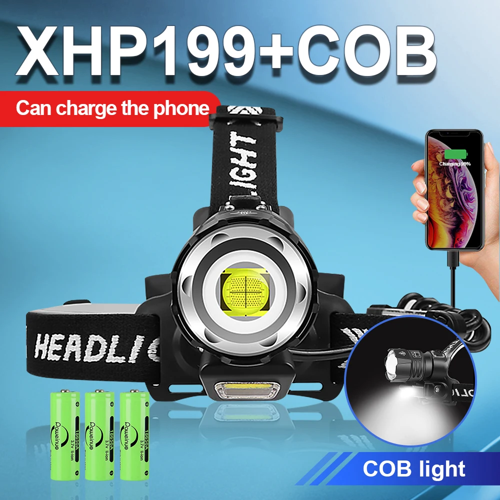 Супер мощный яркий Перезаряжаемый COB светодиодный налобный фонарь XHP199