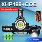 Супер мощный яркий Перезаряжаемый COB светодиодный налобный фонарь XHP199, мощный велосипедный налобный фонарь XHP160, 18650, налобный фонарь с фокусировкой