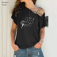 asual summer new shirts for women fashion short sleeve funny flower music graphic t shirts sexy irregular shoulder tee tops