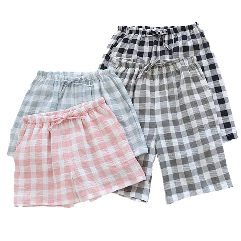 

Spring Summer Couples Men Women Gauze Cotton Sleep Bottom Comfort Elastic Waist Beach Shorts Lovers Simple Style Plaid Sleepwear