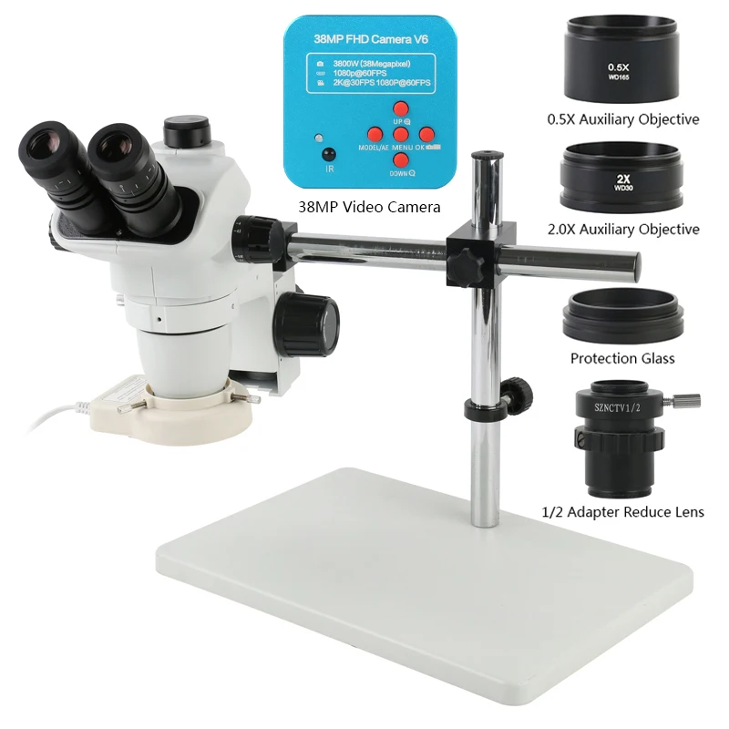

Simul-Focal 3.35X-90X 6.7X-45X Zoom Trinocular Stereo Microscope 2K 38MP HDMI USB Video Camera Set For PCB Solder Repair Viewing