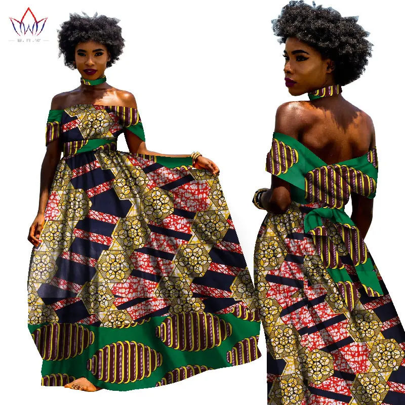 BINTAREALWAX AFRICAN DRESSES FOR WOMEN BAZIN RICHE DRESSES LONG DRESS WITH NECKLACE TRADITIONAL AFRICAN CLOTHING WY1817