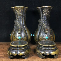 10 tibet buddhism temple old bronze set with gems chinese dragon statue vase double dragon vase collection vase a pair