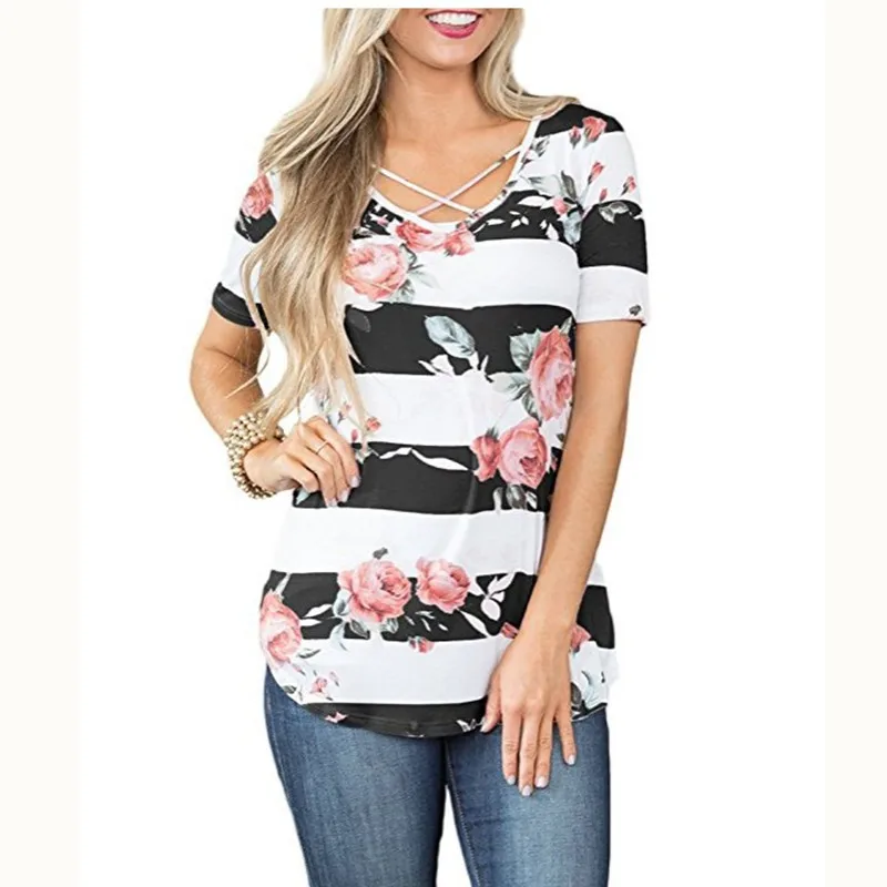 

New T-Shirt Women V-Neck Printing Casual Loose Top Summer Fashion Loose Pullover T-shirt Top High Quality Women Streetwear Tops