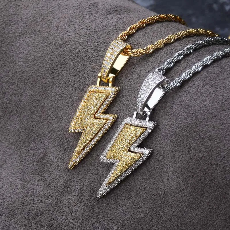 

Hip Hop Micro Pave AAA CZ Stone Bling Iced Out Lightning Pendants Necklace for Men Rapper Jewelry Drop Shipping Gold Color