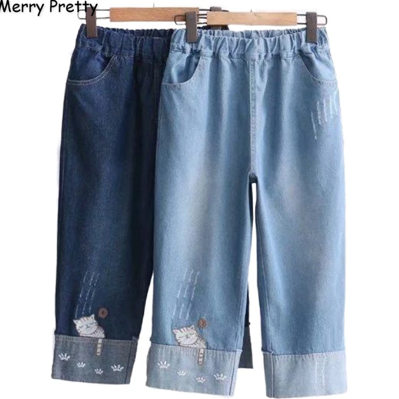 Женские джинсовые штаны с милым мультяшным котом вышивкой и карманами джинсы для