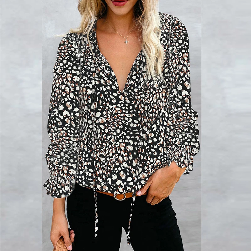 

Блузка женская с цветочным принтом, пикантная Свободная Повседневная рубашка с V-образным вырезом и длинным рукавом, модный топ в винтажном ...