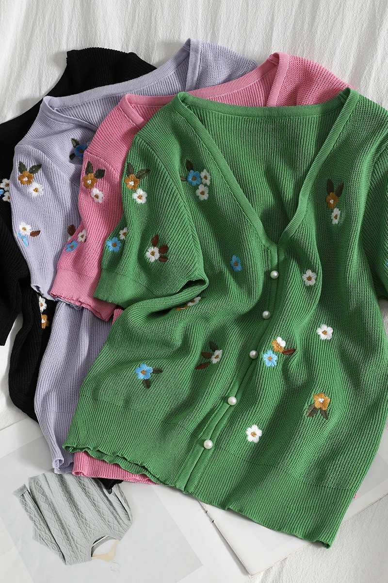 

Embroidered Flower Thin Knitted Cardigan Summer New Beads Breasted Korean Pullover Green Top