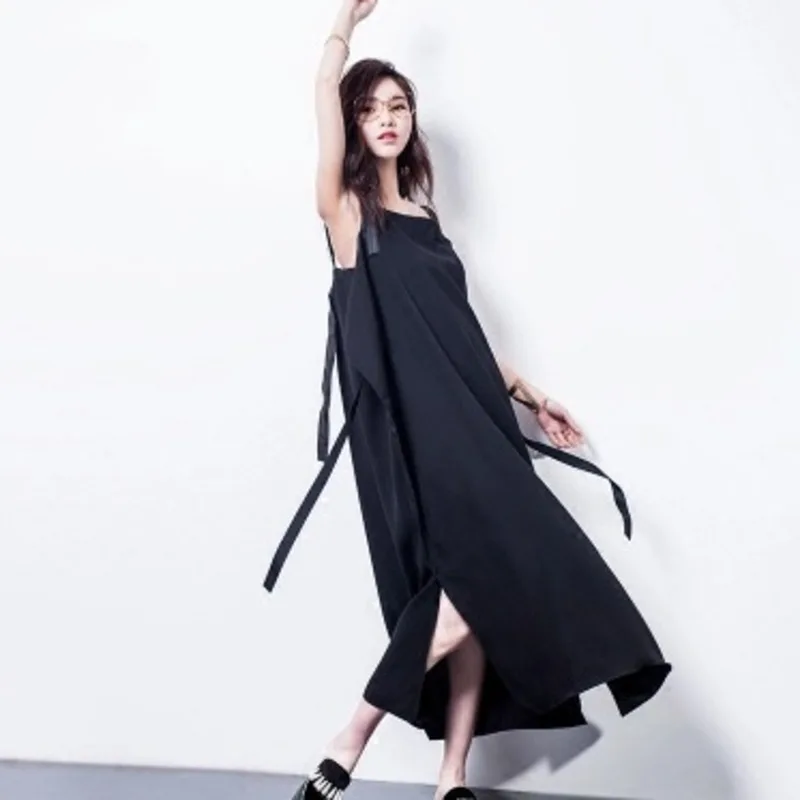 

TVVOVVIN Korean Vintage Back Strap Mid-length Dress Simple Square Neck Loose Large Size Split Splicing Dress F164