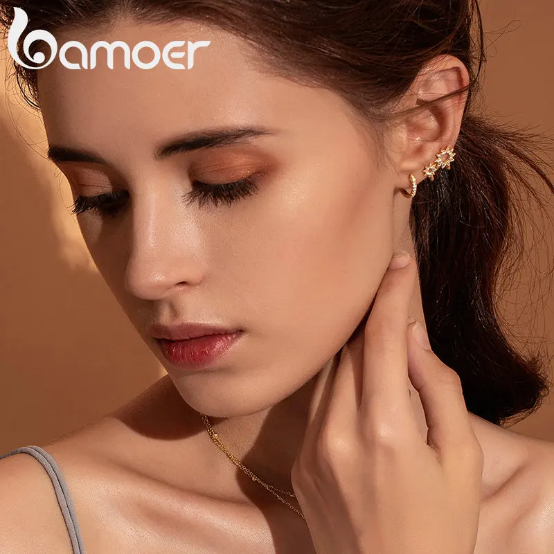 Женские круглые серьги кольца BAMOER из стерлингового серебра 925 пробы золотого