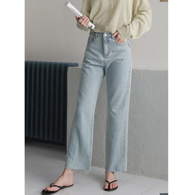 Весна/Лето 2020 прямые заусенцы с высокой талией джинсы Новые Южная Корея