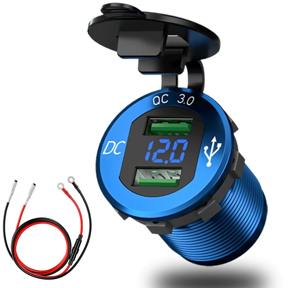 

New Quick Charge 3.0 Dual USB Charger Waterproof Socket Aluminum Power Outlet Car Accessories Fast Charge With LED Voltmeter