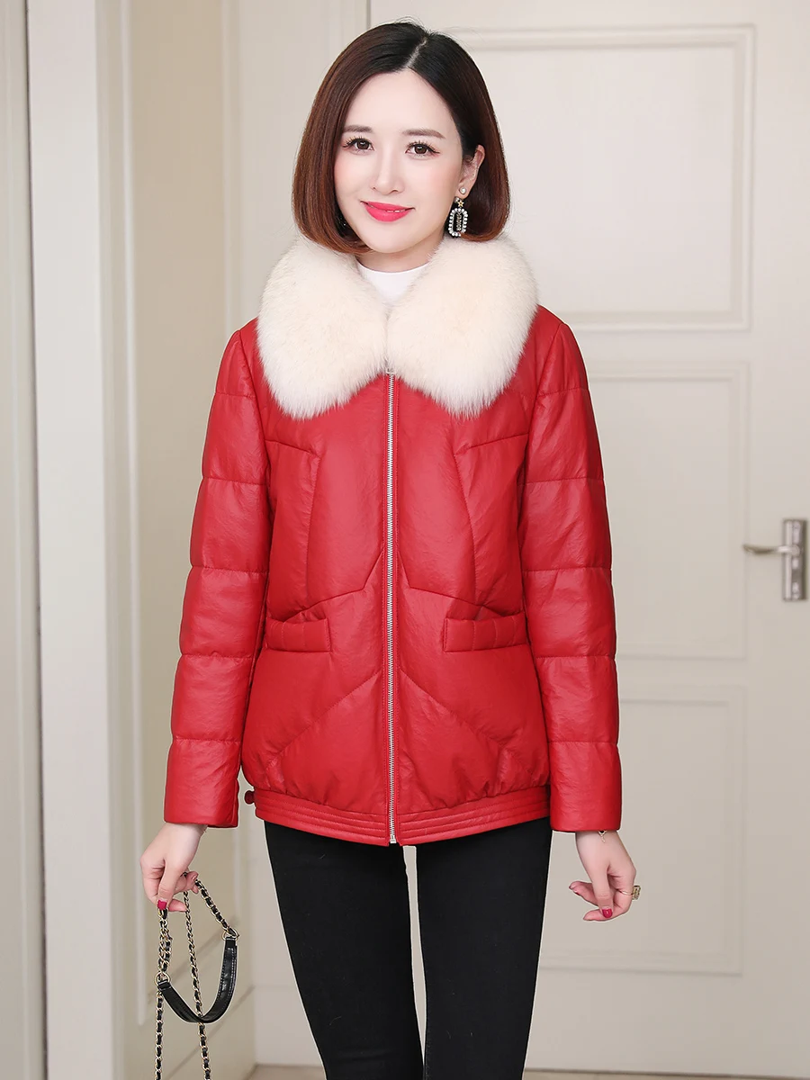 

JCHB 2021 100% Real Leather Jacket Women Short Sheepskin Coat Female White Down Down Parkas Woman Fox Fur Collar Femme Veste Pp