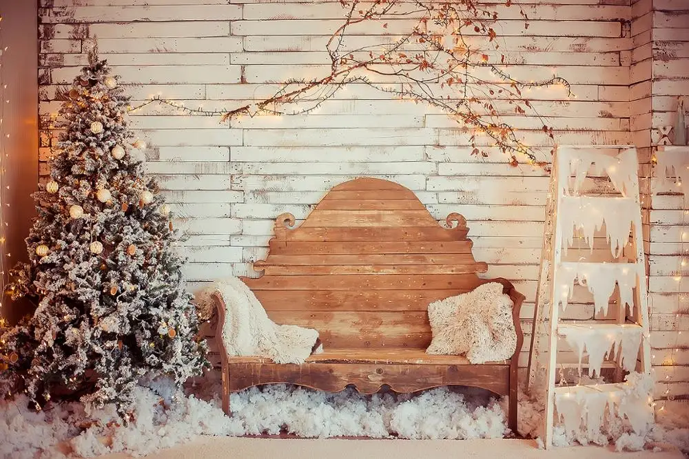 Фон для фотосъемки с изображением рождественской елки интерьерный деревянный