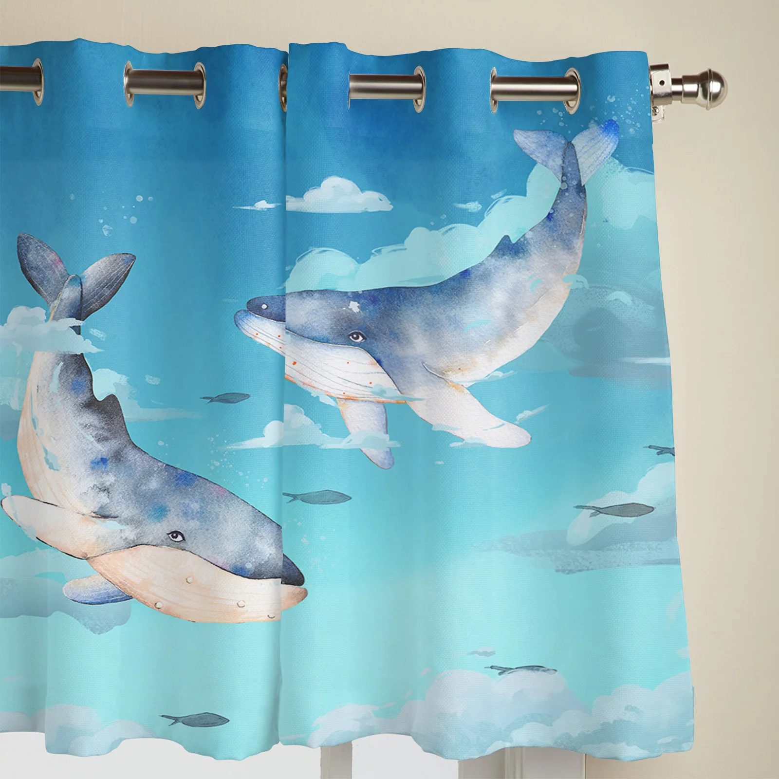 Шторы на окна с рисунком Кита белого облака голубого неба акварельные для