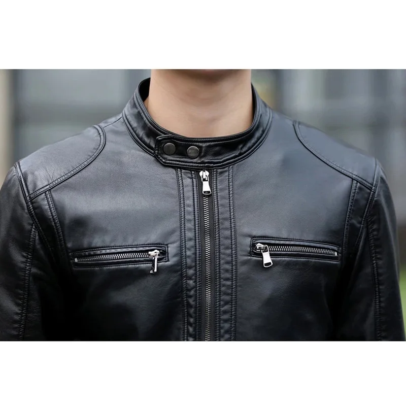 Мужская кожаная куртка DIMUSI облегающая Короткая с воротником стойкой