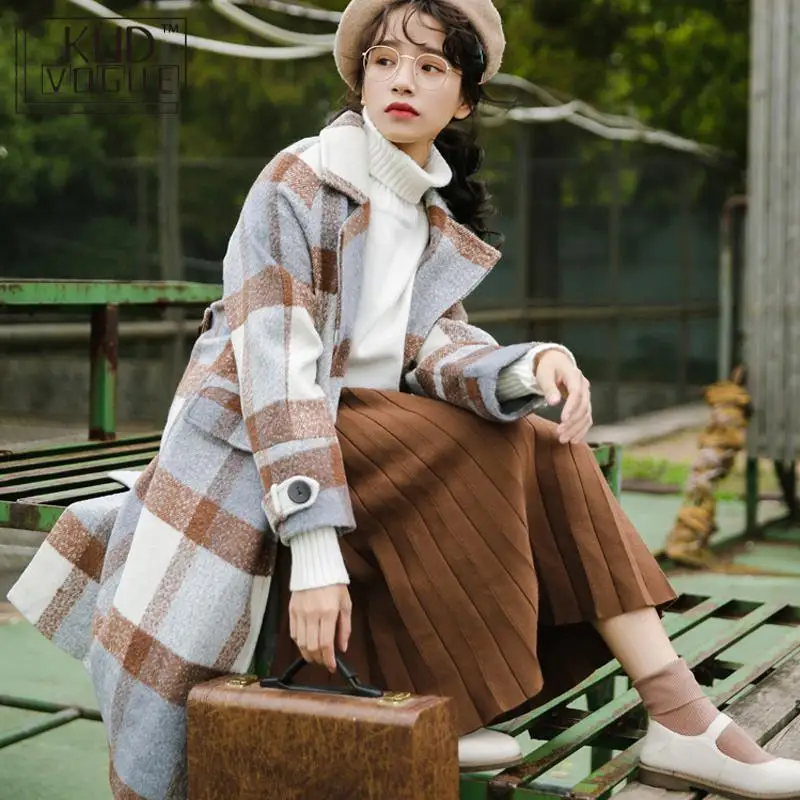 Женский кашемировый Тренч Повседневная Длинная клетчатая куртка с отложным