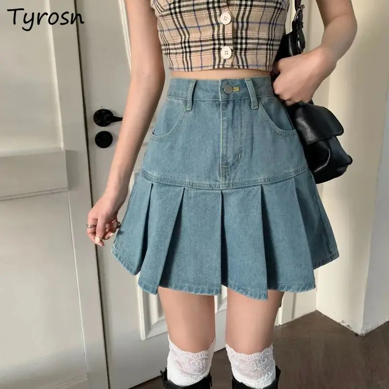 

High Waist Skirts Women Denim Leisure Pleated Chic Mini Skirt Students Gothic Summer Females Streetwear Harajuku A-line Hot New