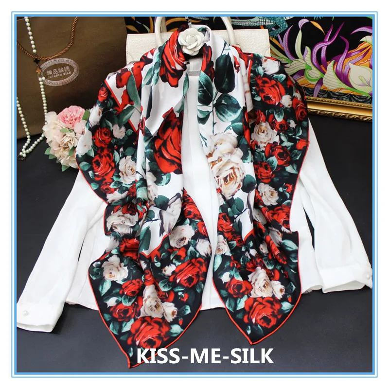 

KMS Red rose and white rose silk plain satin square scarf shawl mulberry-silk scarf shawl 110*110CM/60G