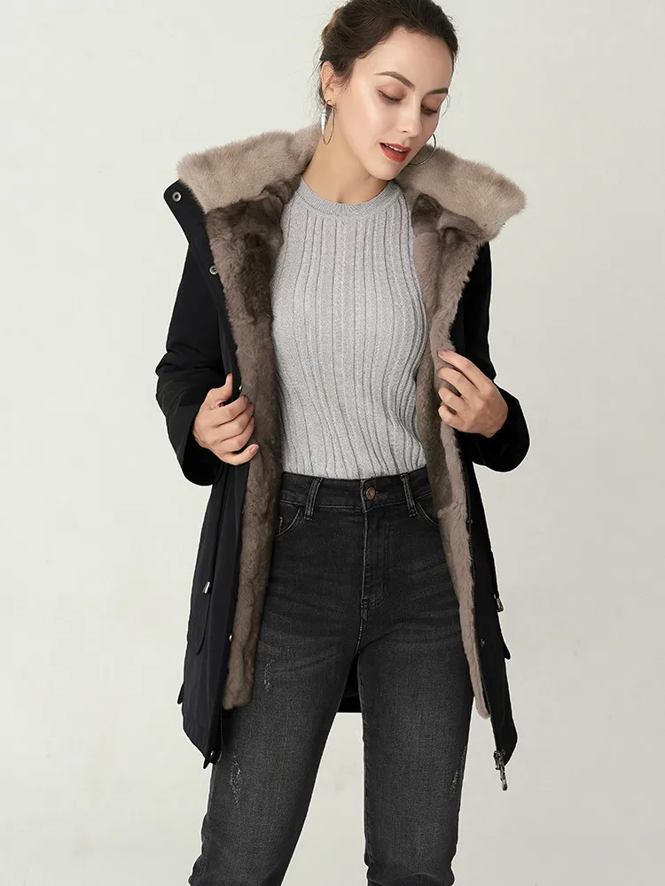 Женское пальто с натуральным мехом норковый меховой воротник капюшоном шуба из