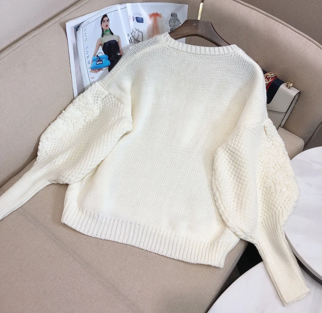 Ladies 2021 New Fashion Long Sleeve Sexy Solid Color Embroidery Lantern Sleeve Retro Flower Sweater 1224