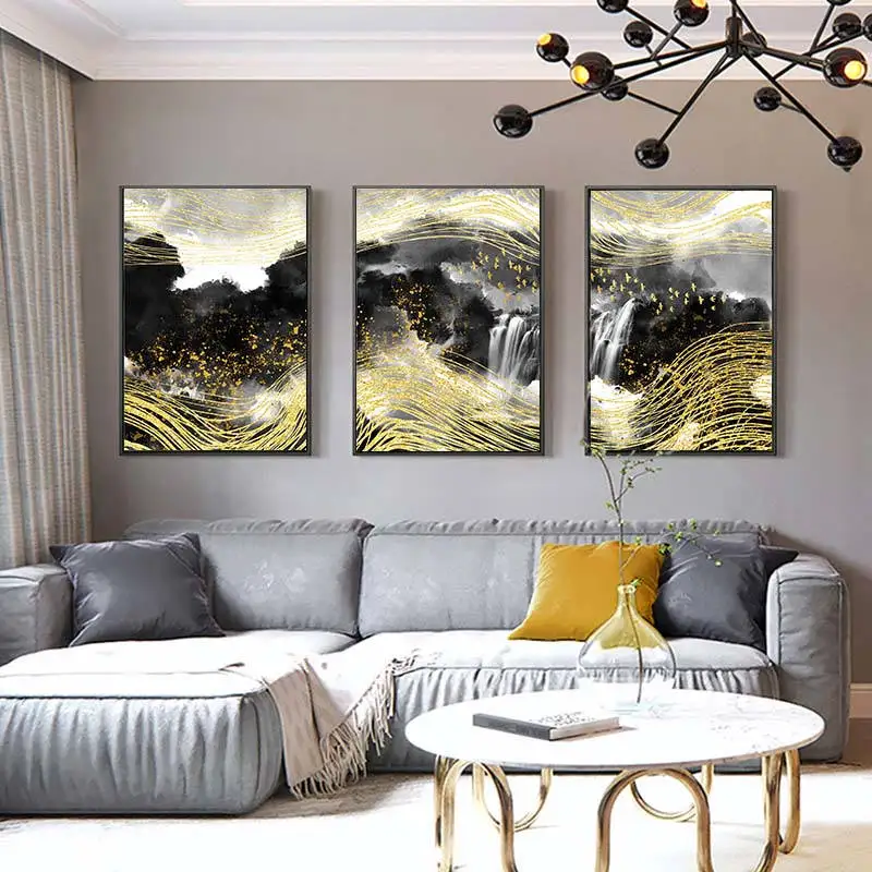 Золотая линия Черная гора водопад туманный лансккейд холст живопись Постер и