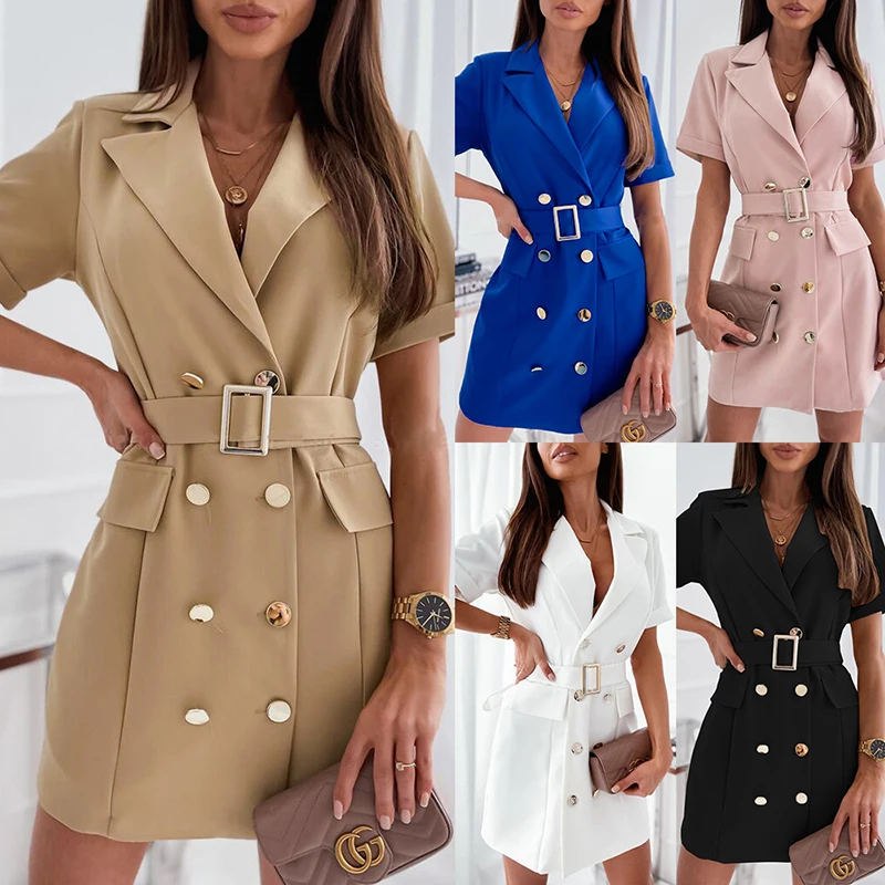 

Bikoles 2021 New Women's Summer Fashion Short Sleeve Draw Back Belt Double Breasted Pocket Solid Slim Office Ladies Mini Dresses
