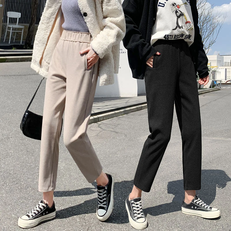 

Шерстяные брюки в гонконгском стиле, женские осенне-зимние свободные прямые повседневные укороченные шаровары с высокой талией