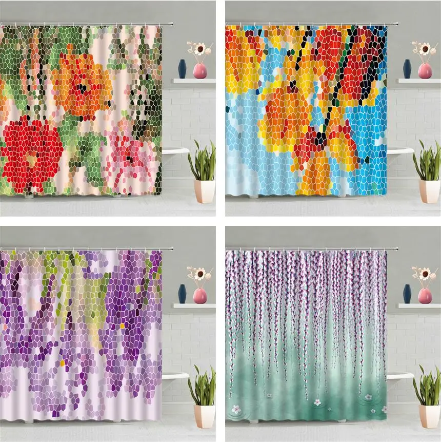 В виде геометрических фигур Цветочная мозаика душ Шторы цветет живописные 3d