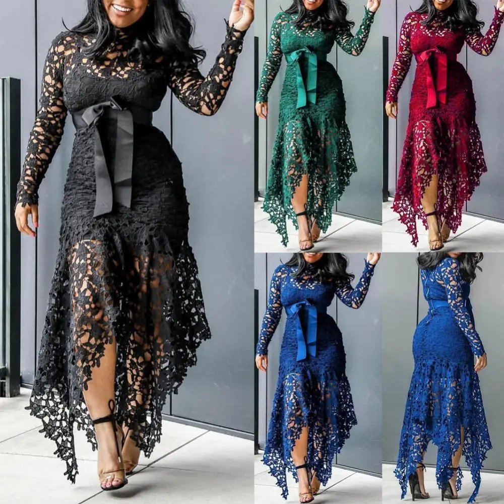 

70% Hot Sell Women Long Sleeve Bow Belted Irregular Hem Hollow Lace Sexy Bodycon Long Dress