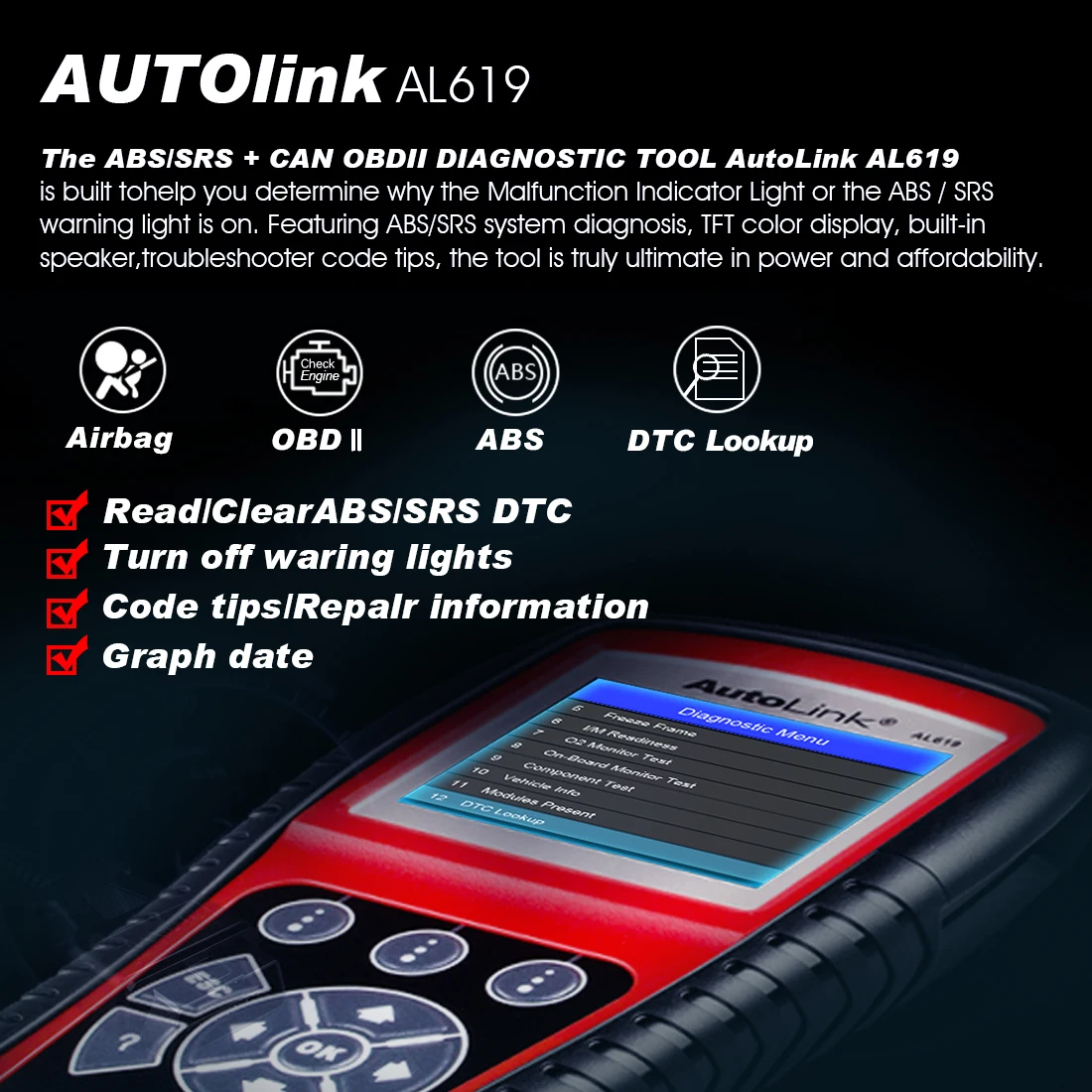 Автомобильный сканер Autel AutoLink AL619 ABS SRS Airbag OBD2|Диагностические сканеры для
