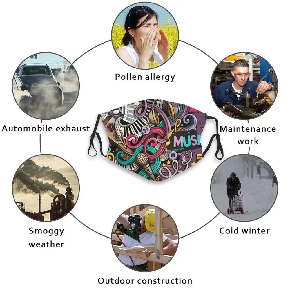 

Music Doodle Anti Dust Face Mask Washable Filter Reusable Music Doodle Doodles Music Doodle Colorful Multicolor Pattern Music