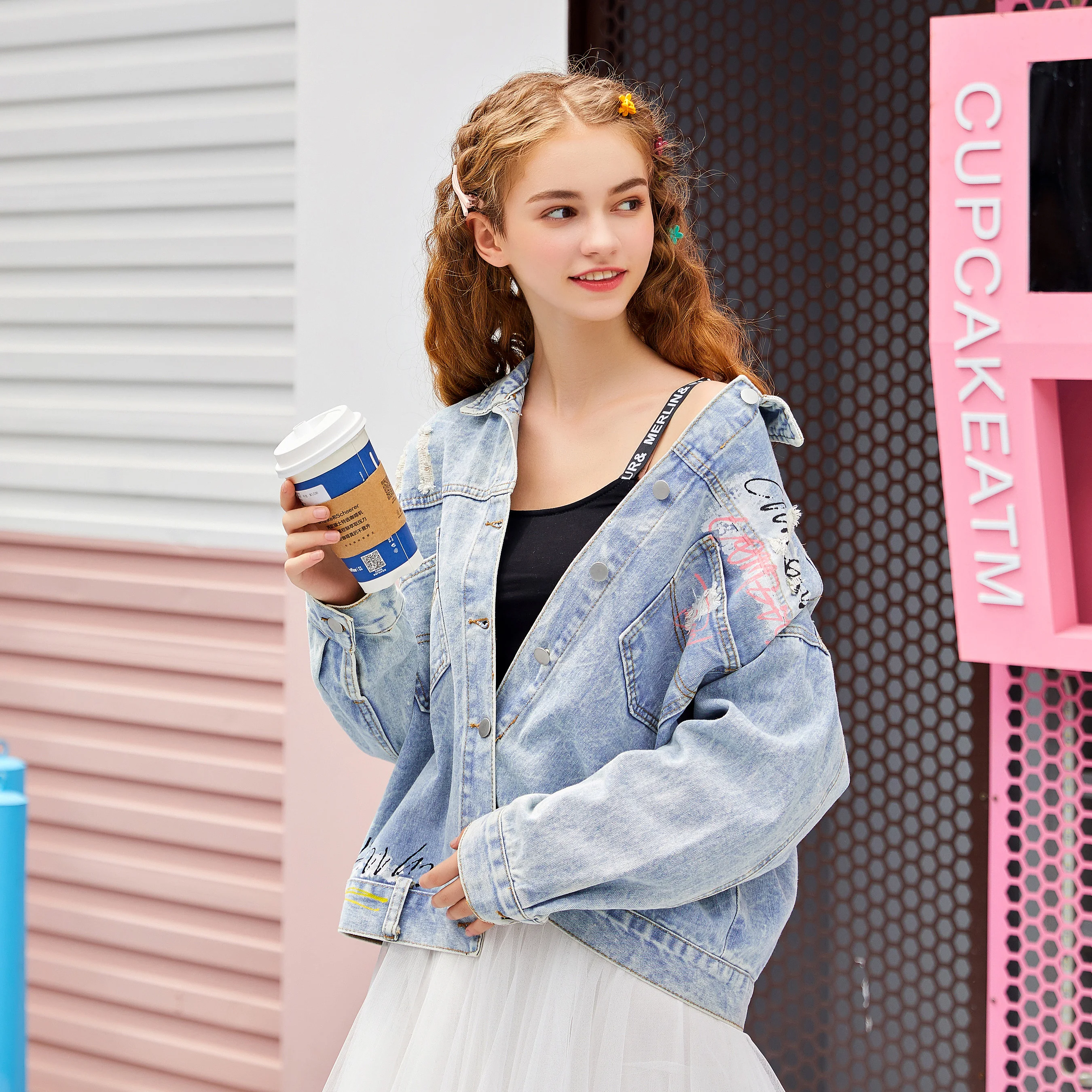 Новая Осенняя Джинсовая Куртка Harajuku с принтом потертая Свободная Повседневная