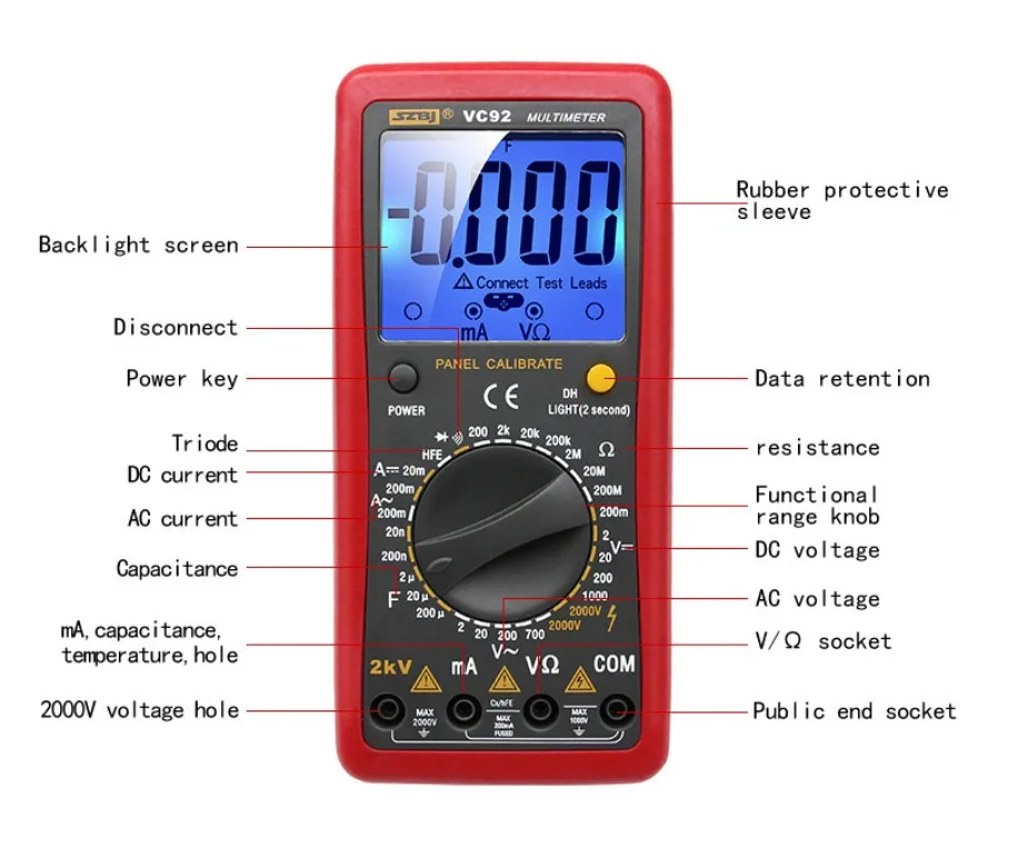 Цифровой мультиметр с большим экраном для измерения межфазного напряжения 2000 В