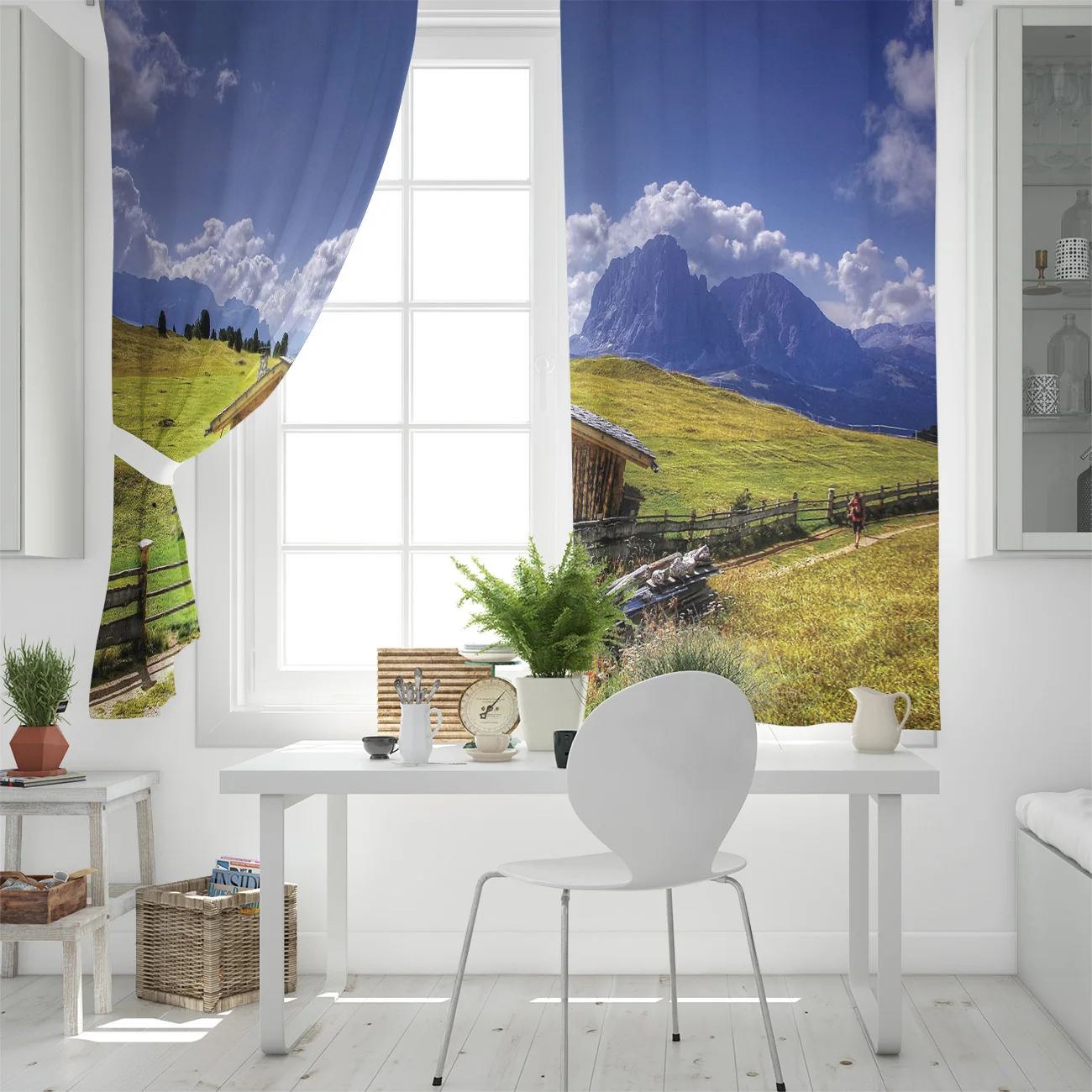 Grassland Cabin Pedestrian Mountains Sky Clouds Window Curtains Scenic for Living Room Decorative Items | Дом и сад