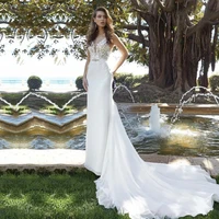 glamorous wedding dress white v neck floor floral lace mermaid button sleeveless wedding party de fiesta robe