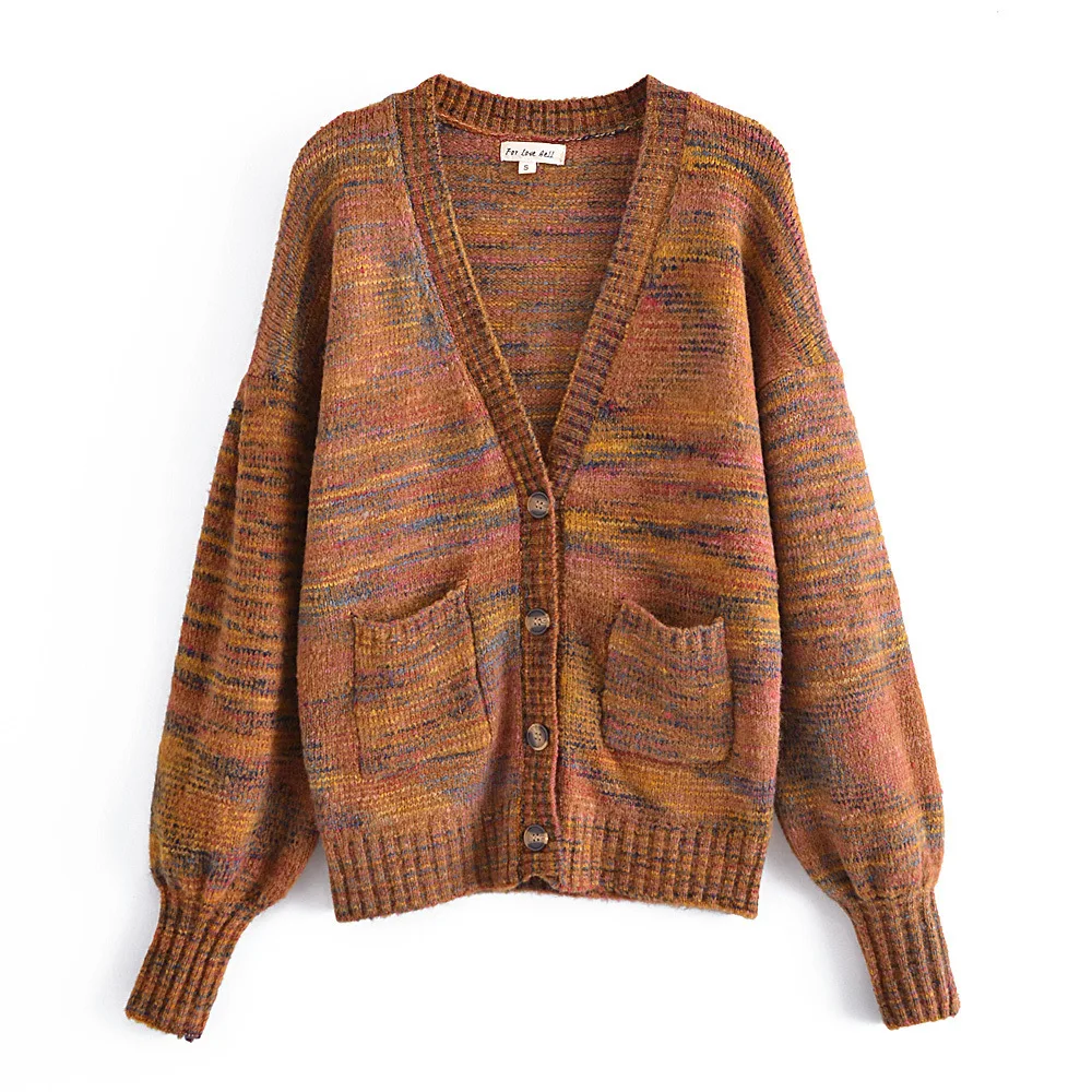 

Loose V-neck Sweater Puff Sleeve Knit Cardigan Women's 2022 Early Spring New Loose Cardigan Single-breasted Long Sleeve Sweater